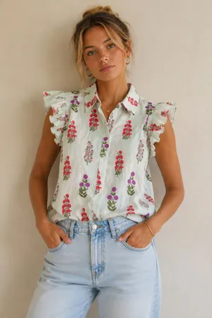 Floral Print Button Front Blouse Ruffle Flutter Sleeve small Multiple thumbnail 1