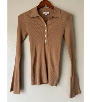 LOFT Tan Collared Ribbed Long Sleeve Top Size XS thumbnail 1