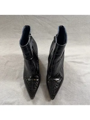 Black Faux Crocodile Embossed Pointed Toe Stiletto Ankle Boots Zip High Heel thumbnail 2
