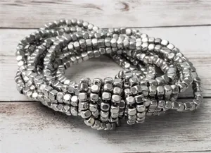 Vintage Bracelet / Bangle Stretchy Silver Tone Beads with Knot Design thumbnail 1