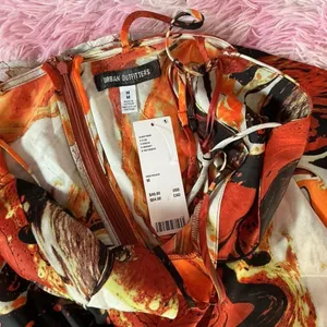 NEW Urban Outfitters Marble Print‎ Mini Dress Orange Red Brown Strappy Women's M thumbnail 3