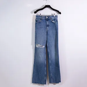 Zara Women's Cotton Flared Leg Distressed Denim Jeans Blue 2 thumbnail 1