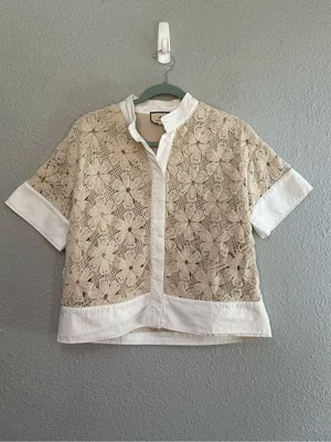Tuckernuck Tan Crochet Sofía Shirt Size Small thumbnail 3