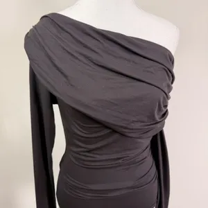 Agolde Kira Bodysuit Black Brown Ruched One Shoulder Long Sleeve Modal Top XS thumbnail 3