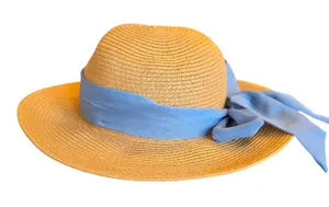 Haute Hippie Tan Straw Sun Hat‎ Blue Chiffon Ribbon Bow UPF 50 Wide Brim thumbnail 1
