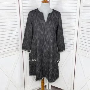 Nanette Lepore Tweed Fringe Hem Pocket Shift Dress Black‎ 6 Boho Lagenlook thumbnail 2