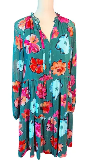 Lark + Grey Womens L Green Floral Ruffle Tie Neck Long Sleeve Tiered Midi Dress thumbnail 1