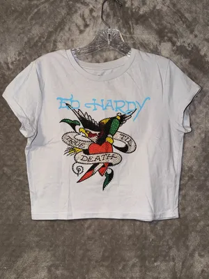 Ed Hardy True 'Til Death Rhinestone Graphic Crop T-Shirt Light Gray Size L thumbnail 2