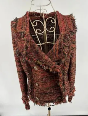 One Girl Who Anthropologie Double Breasted Tweed Fringe Knit Jacket Multicolor S thumbnail 1