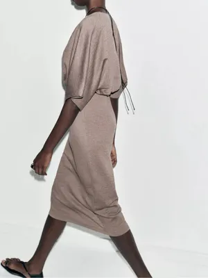 Zara Taupe Kimono-Sleeve Midi Dress with Black Belt thumbnail 8