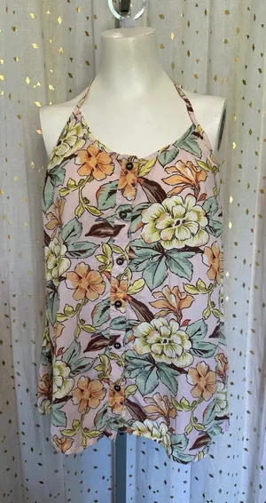 Vintage Quiksilver Women's Hawaiian Tropical Floral Halter Neck Tie Top M thumbnail 1