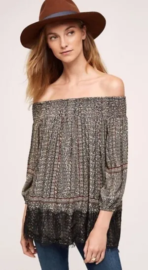 Anthropologie Black and Cream Off the Shoulder Lace Trim Western Boho Top Size S thumbnail 1