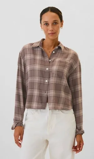 GAP Brown Plaid Cropped Flannel Button Down Shirt XXL Soft Casual‎ Fall thumbnail 1