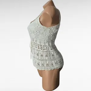 Crochet Tank Top Cream Sleeveless Drawstring Boho Bohemian Festival Small thumbnail 3
