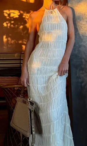 White Halter Backless Draped Maxi Dress thumbnail 1