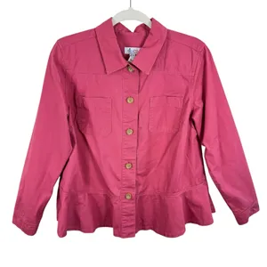 D & Co. 100% Cotton Pink‎ Collared Peplum Button Up Lightweight Shacket Size M thumbnail 3