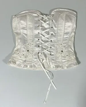 White Satin Silk Embroidered Floral Tie-Up Bridal Corset Top Bustier Lingerie Size S/M 🤍 thumbnail 1