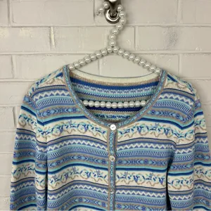 Blue Patterned Knit Cardigan Sweater Size L thumbnail 3