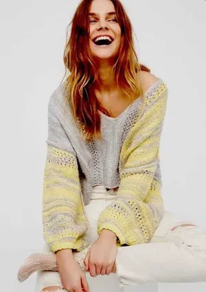 Free People Amethyst Marled Oversized Chunky Knit Sweater Size M Yellow/Gray thumbnail 1