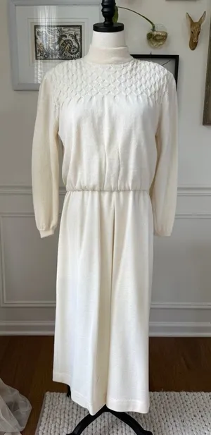 Vintage 80s Ciao Petites 100% Wool Knit Ivory Blouson Dress M thumbnail 1