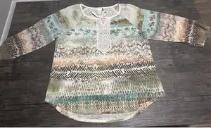 Chicos Boho Top Abstract Tribal Inspired Print Crochet Lace Artsy Size 1 Medium thumbnail 1