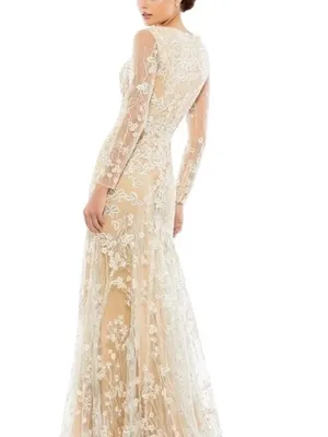 Mac Duggal Floral V Neck Long Sleeve Trumpet Gown 10 NEW Ivory Nude thumbnail 10