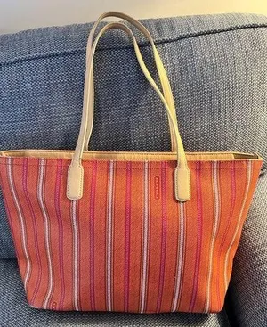 Coach Vintage Striped Orange& Pink Tote Bag with tan leather handles. Zip top thumbnail 1