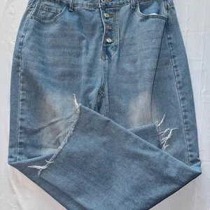 Womens High Rise Wide Leg Jeans Medium Wash‎ Button Fly Raw Hem Denim Pants thumbnail 2