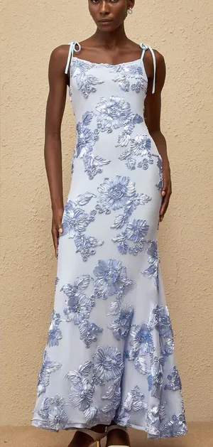 Light Blue Floral Appliqué Maxi Dress with Tie Shoulders thumbnail 1