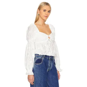 ASTR The Label Revolve‎ Barstow Top White Eyelet Puff Sleeve Smocked Top XS thumbnail 2
