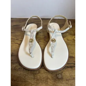 Michael Kors MK Logo Thong Sandals Womens Size 9M Ivory Gold T-Strap Buckle Shoe thumbnail 3