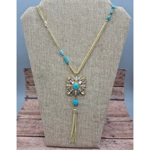 Gold Tone Multi Chain Long Pendant Necklace Tassel Accent Rhinestones 32" thumbnail 6