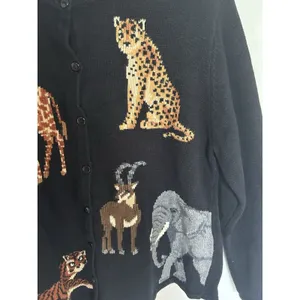 Marisa Cristina 90s Vintage Black Embroidered Safari Animal Cardigan Size Large thumbnail 4