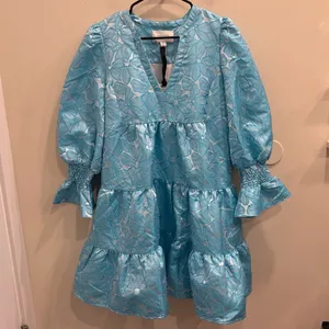Pomander Place Blue Floral Jacquard Kenzo Tiered Mini Babydoll Dress‎ Medium NEW thumbnail 3