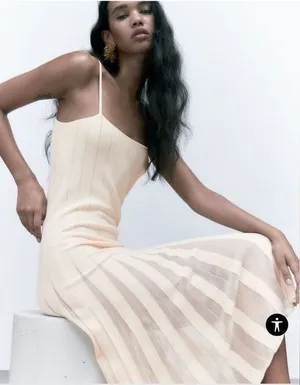 ZARA Ribbed Dress Knit Midi Cream fit and flare L thumbnail 1