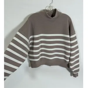 CALIA Womens M Taupe White Striped Mock Neck Cropped Pullover Sweatshirt thumbnail 9