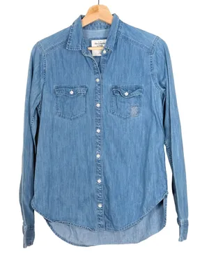 Abercrombie & Fitch Light Wash Denim Sashiko Embroidered Button Down Shirt Small thumbnail 1