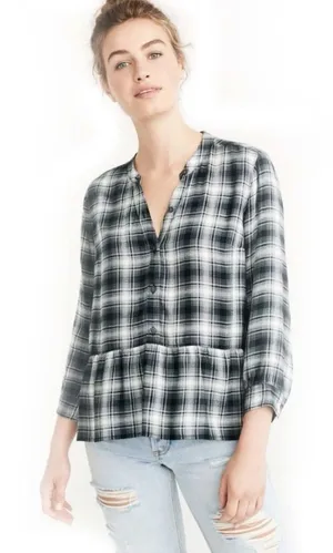 Abercrombie & Fitch Black White Plaid Peplum Button Front Top M thumbnail 1