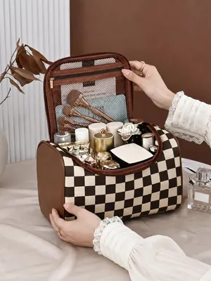 Brown Checker Faux Leather Cosmetic Makeup Bag Boxy Travel Case NWT thumbnail 2
