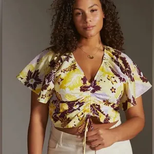 Anthropologie Maeve Cinched Yellow Floral Flutter Sleeve Tie Top‎ Blouse thumbnail 3