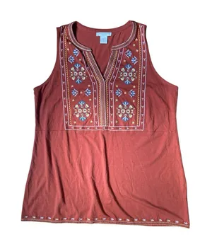 Bohemian Folk Noveau Peasant Retro Christian Siriano Embroidered Tunic Tank L thumbnail 1