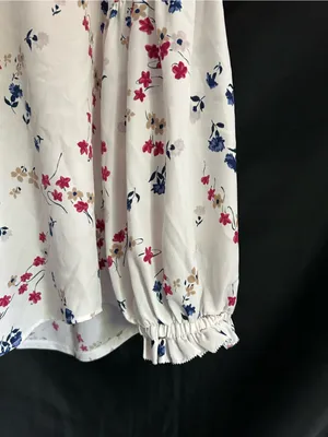Ann Taylor White Floral Bell-Sleeve Blouse Red, Navy & Tan Print LG thumbnail 3
