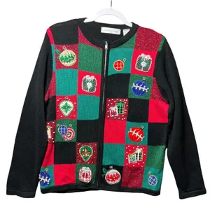 Victoria Jones Vintage Christmas Cardigan Sweater Zip Front Beaded Small‎ thumbnail 1