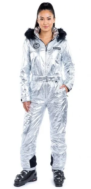 NWT Tipsy Elves Women's Silver Bullet Ski Suit Metallic Hooded 1-Piece M thumbnail 1