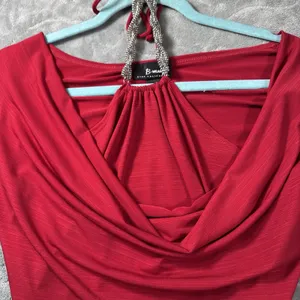 Y2K Red Halter Top Large Tie Neck Beaded Babydoll Tank Glam Embellished Date thumbnail 3