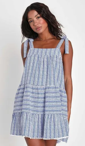 NWT Lulus Chic in Santorini Blue & White Tie-Strap Dress With Pockets Swing Sz S thumbnail 1