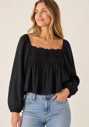 Free People Black Crochet Lace Inset Square Neck Whimsigoth Babydoll Blouse L‎ thumbnail 1