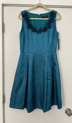 Alex Marie Teal Satin Sleeveless Rosette Neck Cocktail Dress party wedding guest thumbnail 1