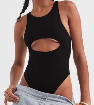 Key Hole Cut Ribbed Thong Bodysuit thumbnail 1