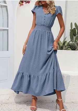 NEW Blue V Neck Swiss Dot Ruffle Tiered Maxi Dress Smocked XL thumbnail 2